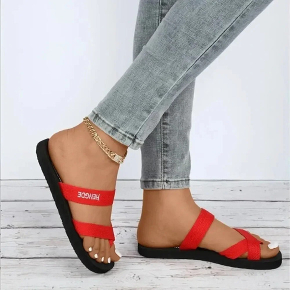 Red Strappy Sandals -7 - Picture 1 of 9